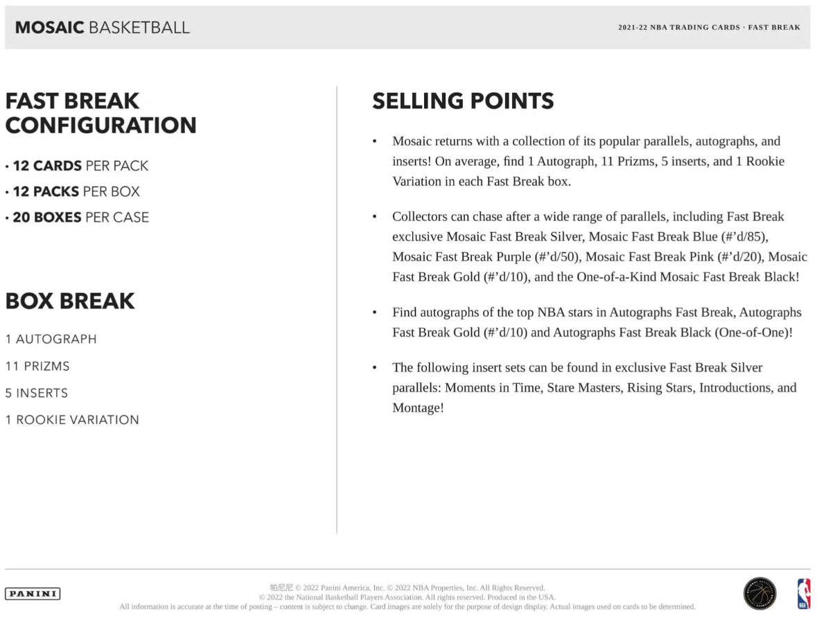 2021/22 Panini Mosaic Basketball Fast Break Box
