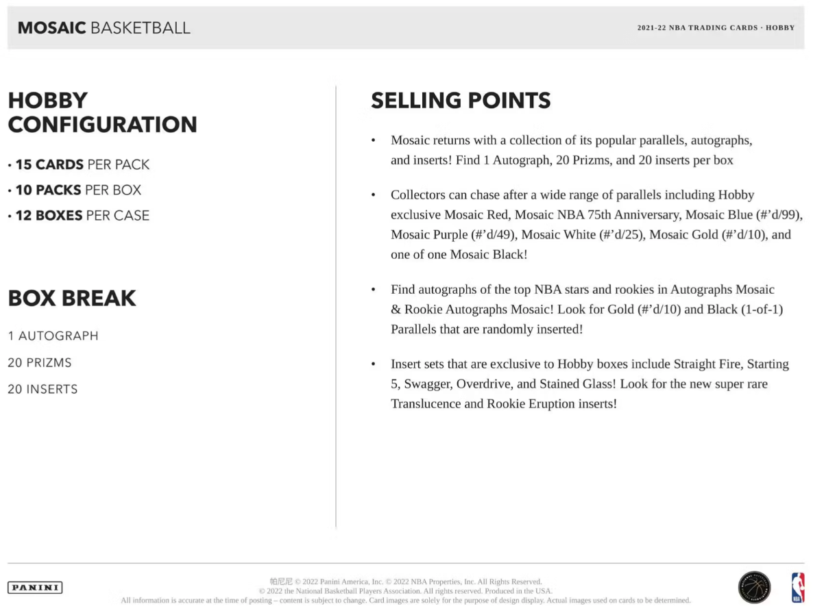 2021/22 Panini Mosaic Basketball Hobby Box