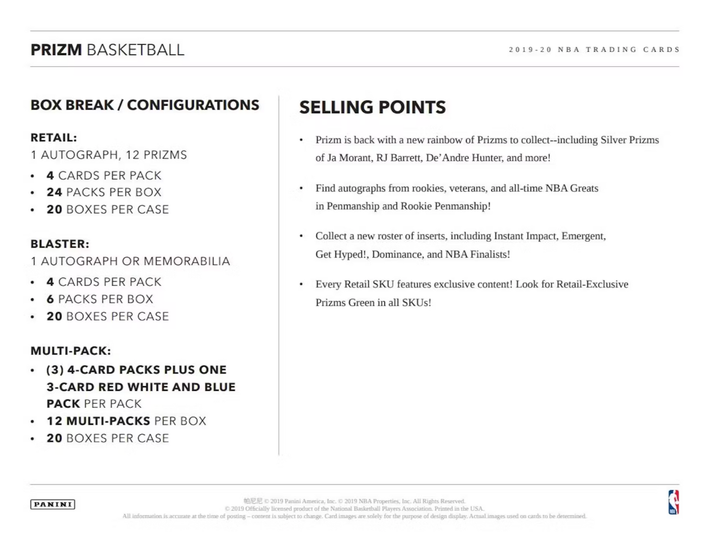 2019-20 Panini Prizm Basketball 24 Pack Retail Box